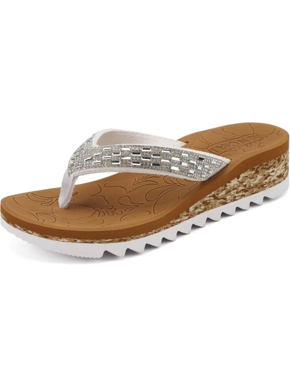 Women's White Khaki Summer Comfortable Wedge Flip Flop with Rhinestone Sandals
